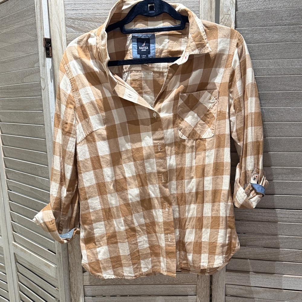 Nautica Tan and White Check Plaid Button-Down Shirt